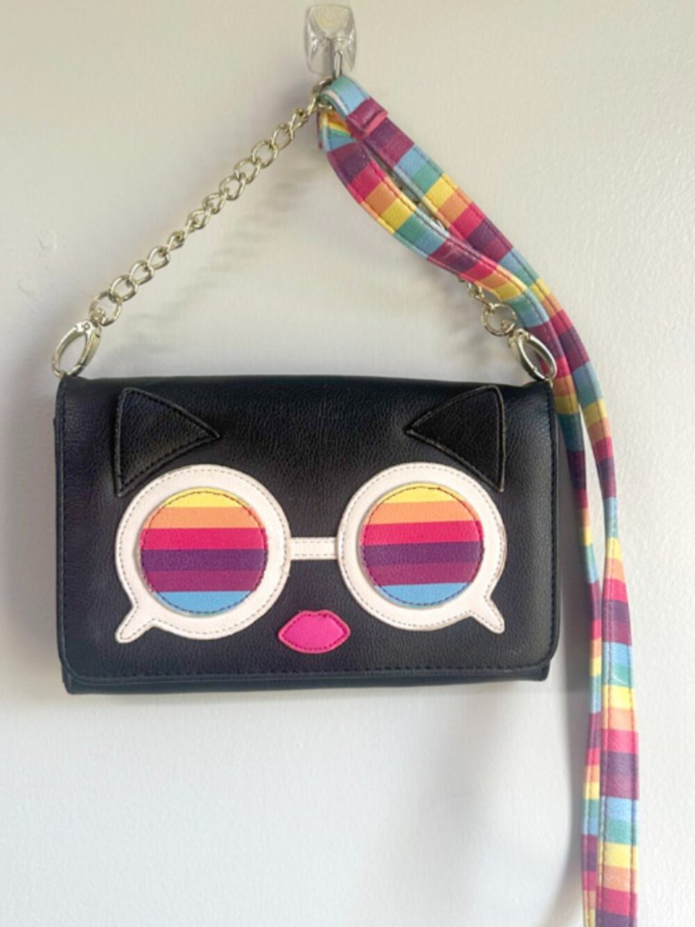 Crossbody Purse / Wallet on Chain with Cat / Rainbow Glasses Motif
